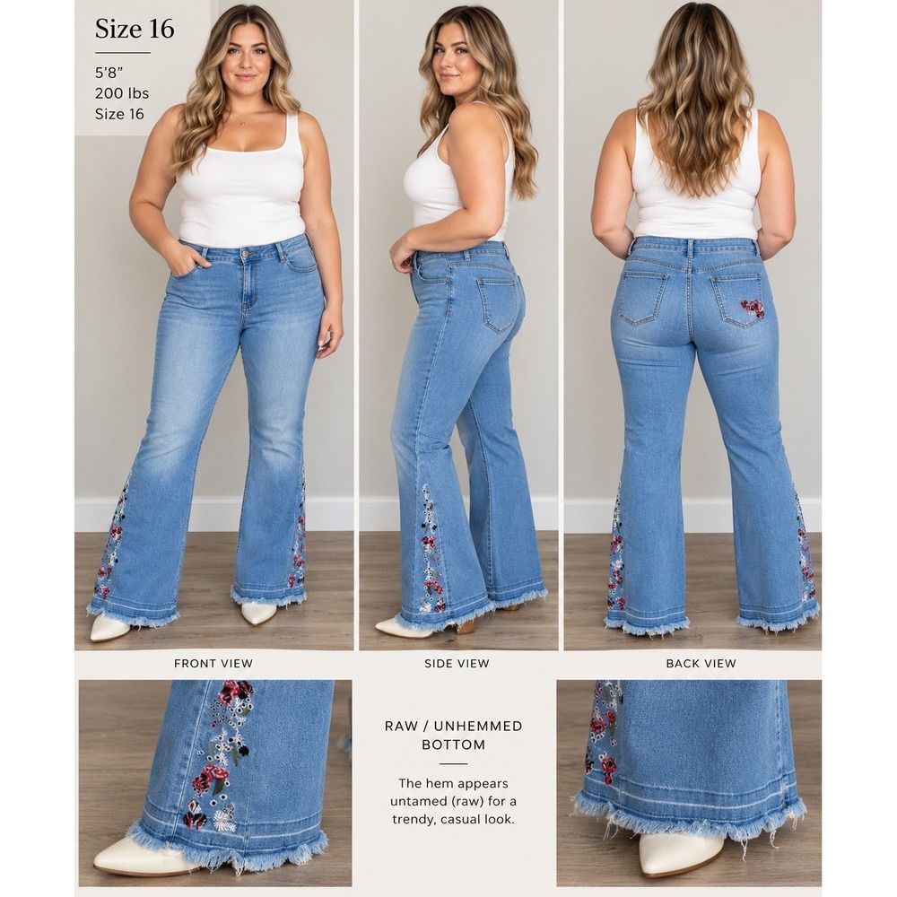 Floral Embroidered Flare Jeans Light Wash Raw Hem Boho Denim Size 16